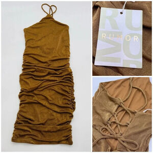 Rumor Gold Rushed Bodycon Dress size 6 Lace Up Back - Festive Party Prom Wedding
